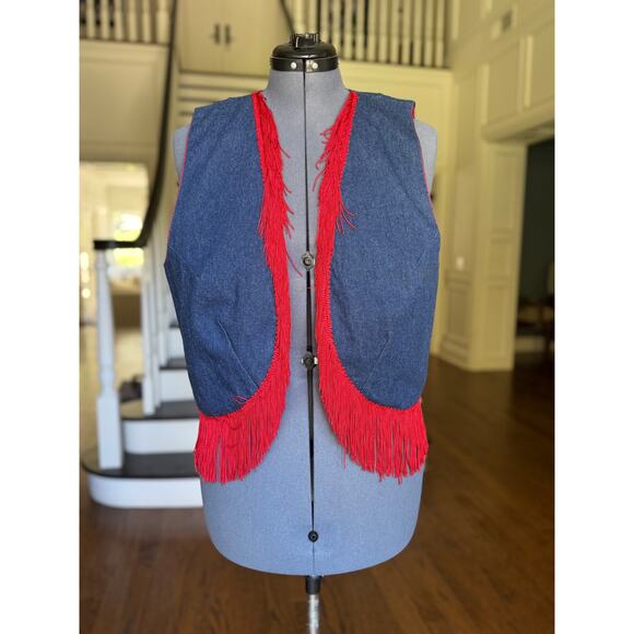 Plus Size 2X Vintage 80s 90s Blue Denim Red Fringe Cowgirl Rodeo Western Costume - Picture 2 of 8